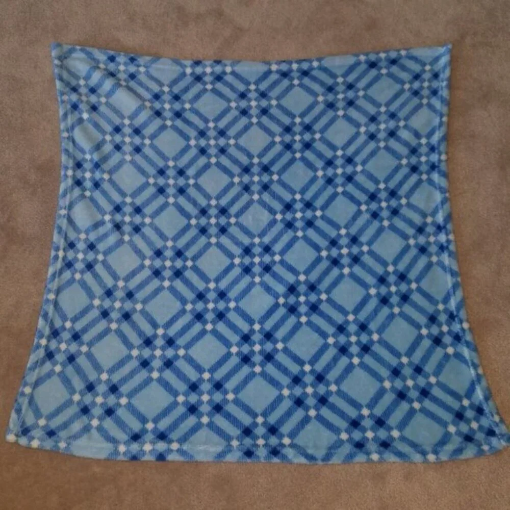 Blue White Plaid Fleece Baby Blanket Lovey Soft Square 28